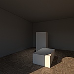 Vray 3.4 - 1200x1200 - quality set to "high"
1 spotlight, 1 floor material, 1 wall materiaal (generic, no reflections or other properties) and 1 "hole in the wall" for sunlight